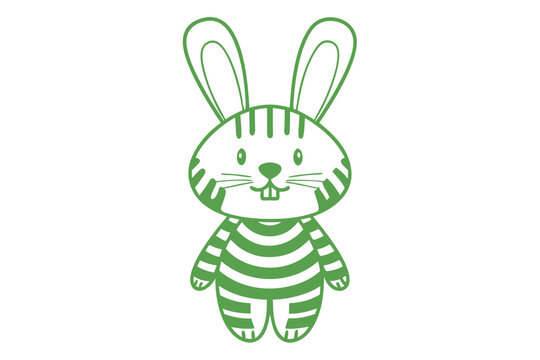 A green striped bunny with buck teeth stands upright looking forward calmly on white