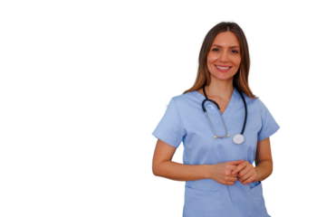 Female nurse in scrubs and stethoscope smiling, representing healthcare, medicine, and professional medical staff on transparent background