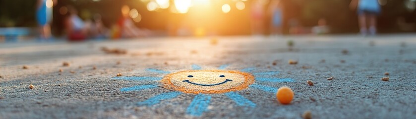 Obraz premium A smiling sun drawn in chalk adorns the concrete playground floor as children play in the background, creating a cheerful atmosphere in the afternoon light