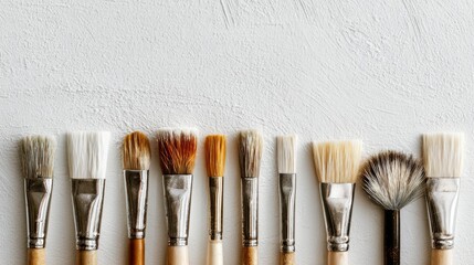 A collection of art brushes with various shapes and sizes, neatly arranged against a textured white background