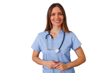 Female nurse or doctor smiling and looking at the camera, wearing blue scrubs and a stethoscope. Transparent background