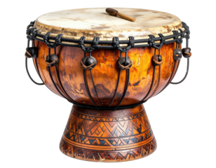 Drum with stick, warm tones, ropes, and geometric designs