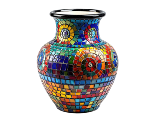 Mosaic vase with vibrant, colorful geometric patterns