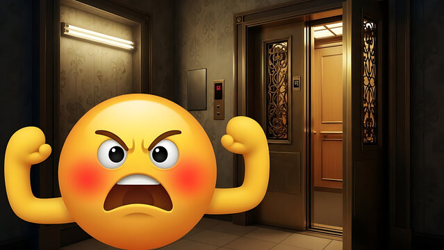 Angry emoji flexing muscles in front of elevator doors in a building lobby with a fierce expression and red cheeks