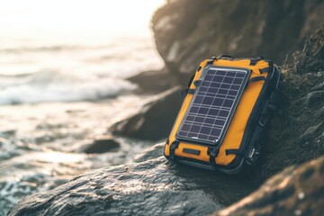 Solar charger resting on rocky shore at sunset