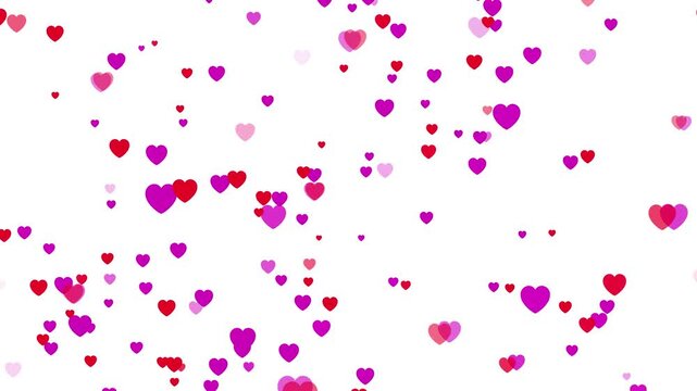 red and pink heart shapes falling on white background, seamless loop, alpha channel overlay animation. romantic falling heart particles on white backdrop.