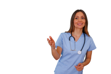 Female medical professional standing, wearing blue scrubs and stethoscope, smiling and explaining, on transparent background