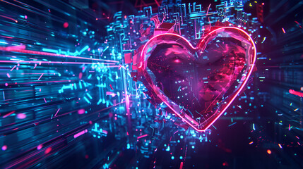 Vibrant pink heart in futuristic digital neon light technology background