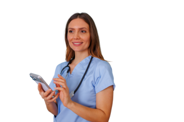 Healthcare professional navigating a smartphone, focusing on telehealth and patient care technology with a friendly expression
