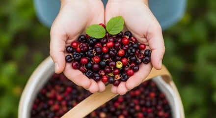 Hands gently cupping a handful of freshly picked wild forest berries above a full bucket, showcasing vibrant red and dark purple fruits, symbolizing organic summer harvest, natural sweetness, and heal