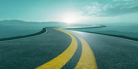 Obraz premium Winding asphalt road creating a path to the future with bright light on the horizon in open countryside