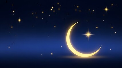 Naklejka premium Elegant Ramadan background with crescent moon and stars, dark blue gradient, copy space.