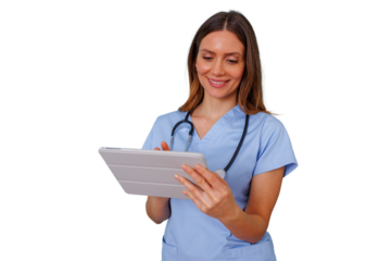 Medical professional using a digital tablet for healthcare data, smiling nurse in scrubs on transparent background