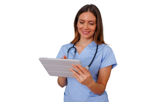 Medical professional using a digital tablet for healthcare data, smiling nurse in scrubs on transparent background - Powered by Adobe