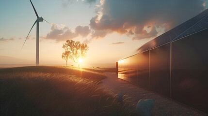 Renewable energy farm with wind turbine and solar panels at sunset