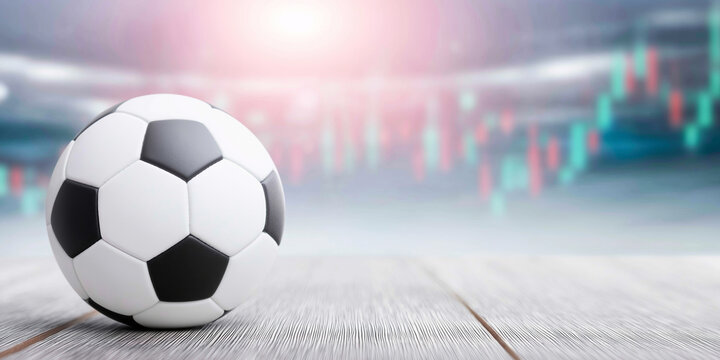 Soccer ball on table with blurred candlestick chart background representing sports betting and financial analysis - Powered by Adobe