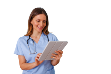 Healthcare professional wearing scrubs and stethoscope, working with a tablet, representing telehealth and modern medical technology