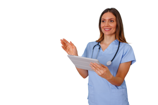 Female doctor presenting medical information, holding tablet and smiling, transparent background - Powered by Adobe