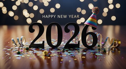 Gold 2026 balloons on dark background with lights