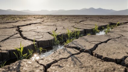 Green shoots emerge from dry cracked earth in a desolate landscape under a bright sky.