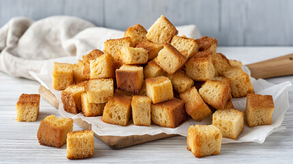 Homemade golden croutons piling on parchment paper, ready for salad and soup toppings, simple wholesome appetizer