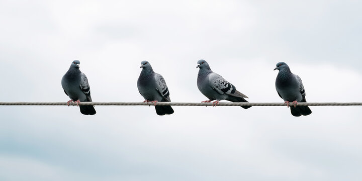 Four pigeons perching on a power line, a common sight observing urban life against a calm sky - Powered by Adobe