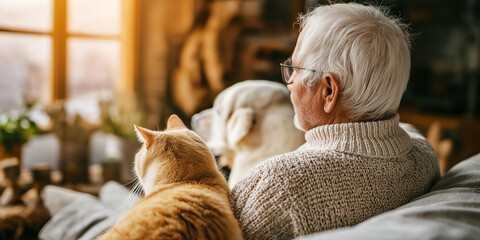 Obraz na płótnie Canvas Senior man and pets enjoying cozy home comfort, relaxing on couch with dog and cat, looking out window