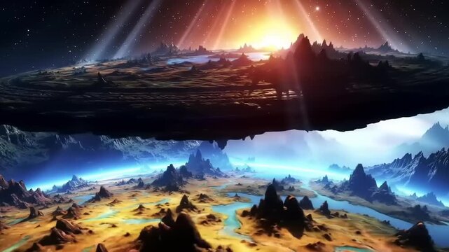 Surreal alien landscape with glowing sky and inverted mountains.