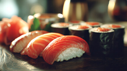 Premium salmon nigiri and maki sushi set on a dark wooden platter. Authentic Japanese seafood dinner with fresh ingredients and elegant bokeh lighting, perfect for culinary and restaurant branding