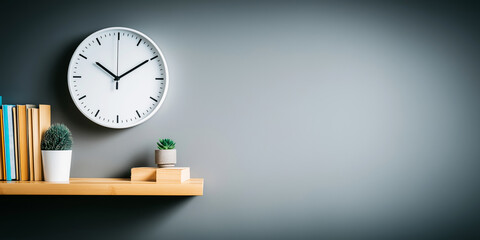 Minimalist wall clock showing daily time on a floating wooden shelf with books and plants, copy space