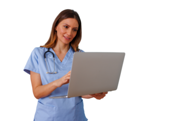 Female medical professional in scrubs using a laptop for telemedicine, healthcare access, and online consultation on transparent background