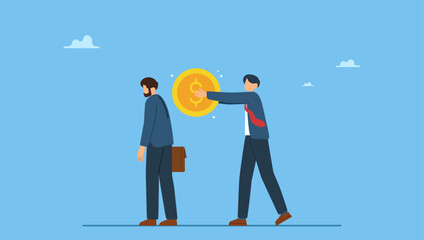 Boss manager put coin to motivate businessman office employee. Bonus, benefit or incentive program to motivate exhausted employee, money or salary raising, support or reward for hard work.