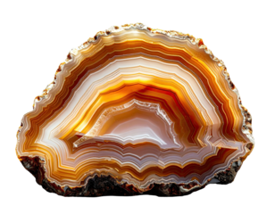 Polished agate slice with concentric brown, white layers