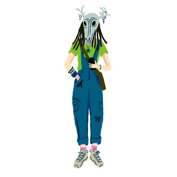teen character in deer mask in hand drawn style in vector. Element for poster sticker design decoration postcards prints
