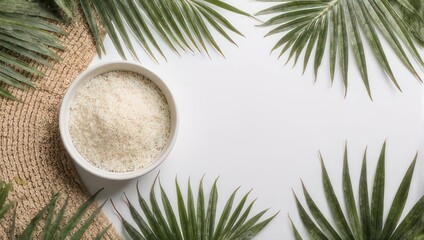 Top view of a white bowl filled with a light-colored powder, surrounded by lush green palm leaves and a woven mat, on a white background.