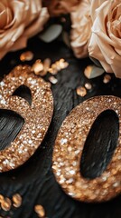 Shimmering Golden '30' Numbers Adorned with Glitter and Elegant Roses