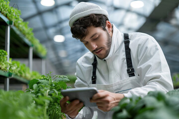 A person in a greenhouse checks digital sensors on a tablet. The setting is filled with vibrant green plants. This activity takes place during daytime in a controlled environment