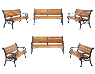 Six wooden park benches isolated against black background
