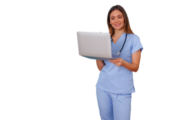 Female medical professional standing, holding an open laptop, smiling, discussing telemedicine and digital healthcare, transparent background