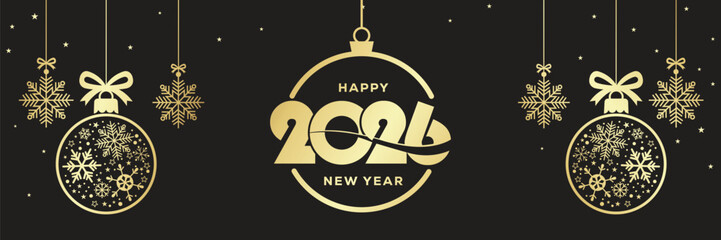 Elegant Happy New Year 2026 banner with golden baubles, snowflakes and hanging stars on a black background, luxury festive holiday illustration ideal for seasonal greetings, web headers and event invi