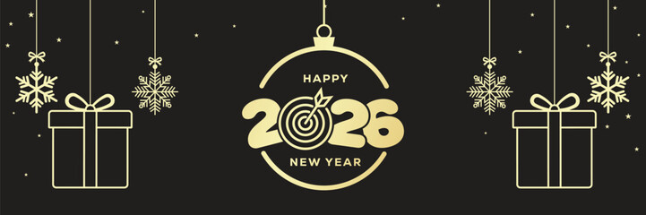 Elegant Happy New Year 2026 banner with golden baubles, snowflakes and hanging stars on a black background, luxury festive holiday illustration ideal for seasonal greetings, web headers and event invi © bibin
