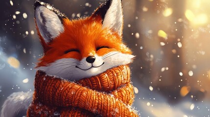 Smiling Fox in Cozy Knitted Scarf Amidst Gentle Snowfall, Winter Warmth.