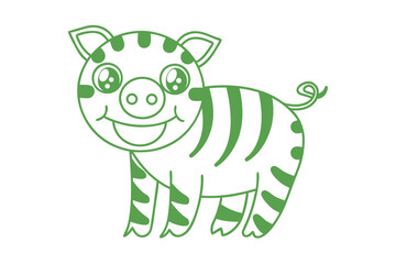 Naklejka premium Cheerful linear pig with stripes stands happily outlined in vivid green color