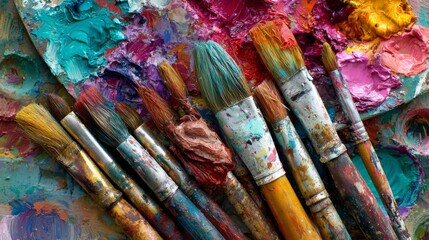 Obraz premium Close-up of paintbrushes atop a vibrant, used artist's palette, displaying numerous hues and textures of paint
