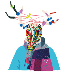 character in deer mask in hand drawn style in vector. Element for poster sticker design decoration postcards prints