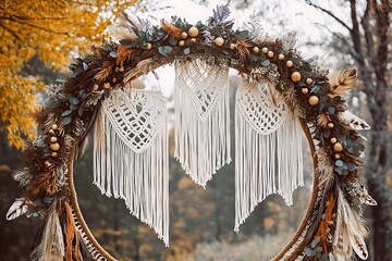 A bohemian circular wedding arch decorated with macram?(C) and earthy elements like feathers and wooden beads,