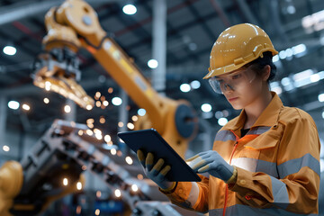 A worker wearing safety gear is using a tablet to monitor automated machinery in an industrial environment. Sparks fly as the equipment operates, indicating active production