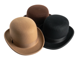 Trio of bowler hats in tan, brown, and black.