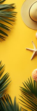 Wide brimmed hat with starish and palm leaves on yelow background with copy spce on panoramic wide banne for summer vacation and sring break holidays