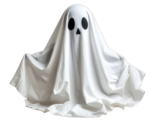 A classic Halloween ghost costume, crafted from a white sheet, with black eye holes